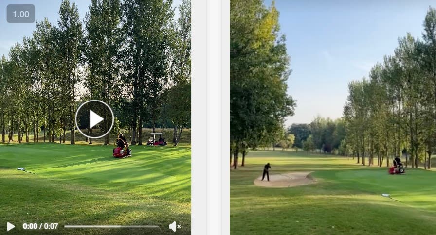 Two course scenes: a greenkeeper mowing a green and a golfer playing from a bunker.