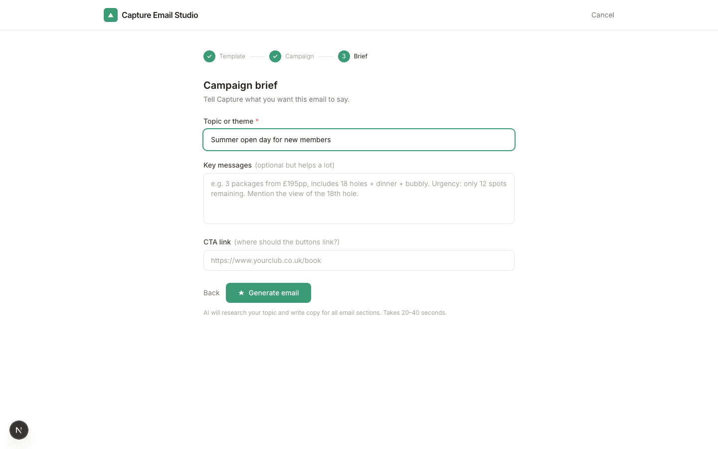 Capture Email Studio campaign brief screen with fields for the campaign purpose, audience and content direction.