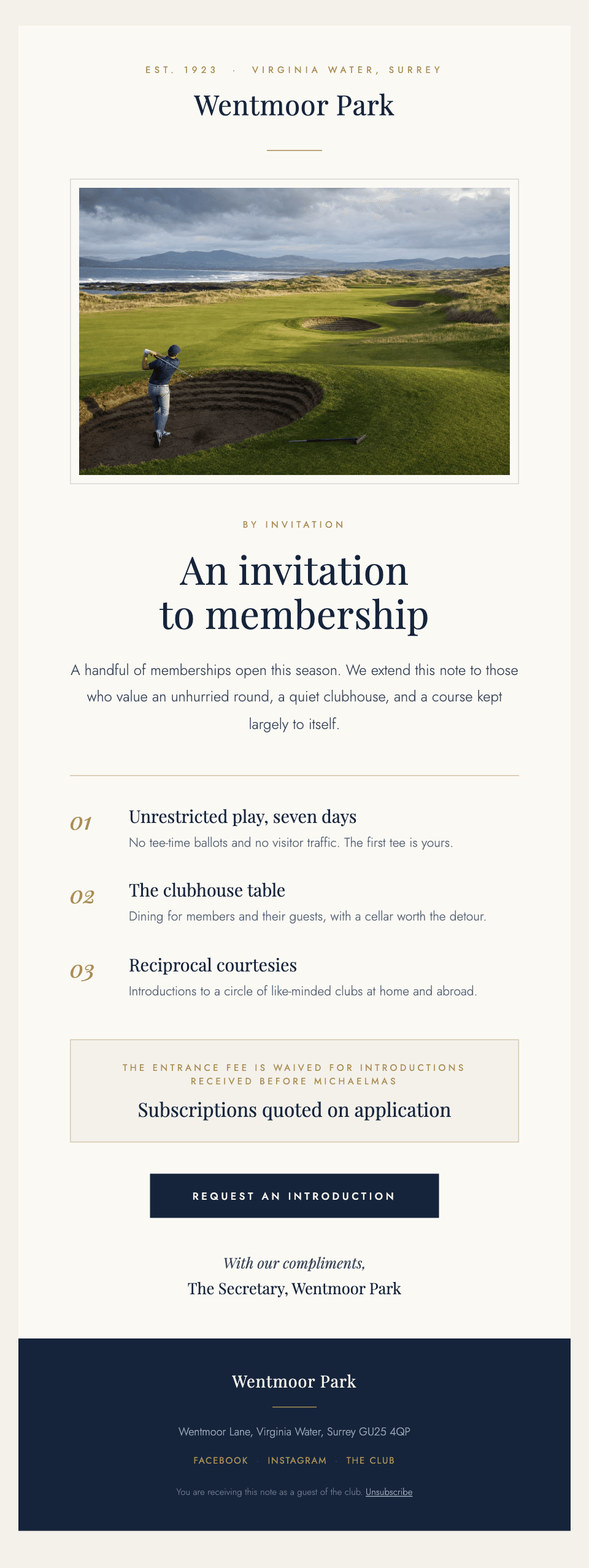 A complete fictional Wentmoor Park membership invitation rendered by Capture Email Studio.