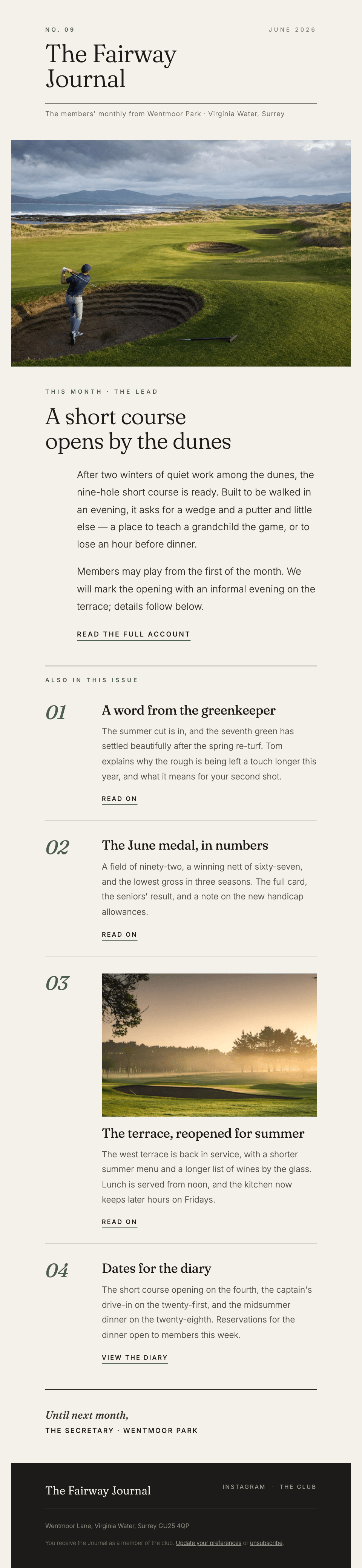 A complete rendered Wentmoor Park editorial newsletter example.