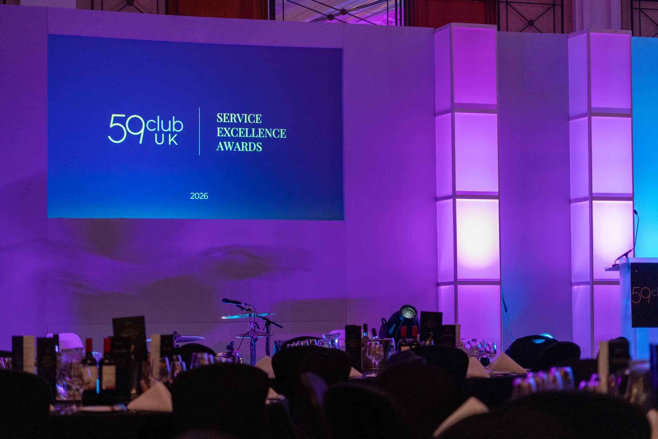 The 59club Service Excellence Awards 2026 stage and dining room at Celtic Manor