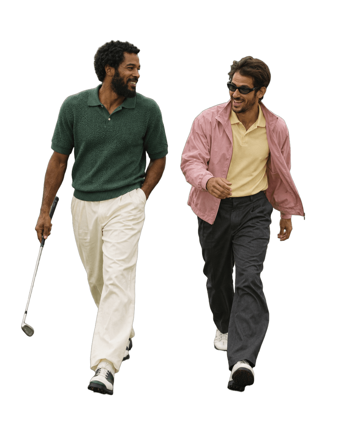 Two golfers walking together and laughing, in green, pink and soft yellow clothing