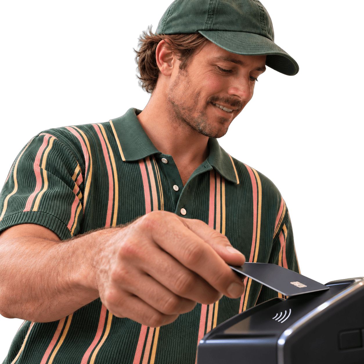 Golfer in a green, pink and yellow striped polo holding a payment card over a contactless terminal