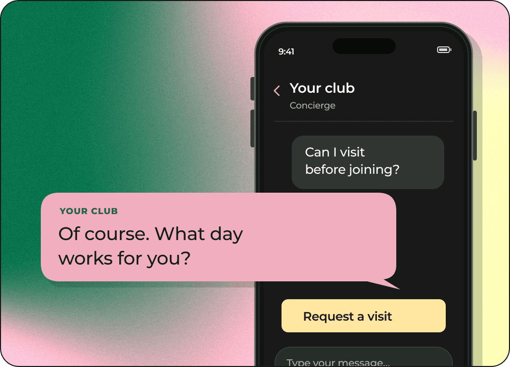 Upright phone showing a membership question, an enlarged pink Concierge reply extending left, and a Request a visit action