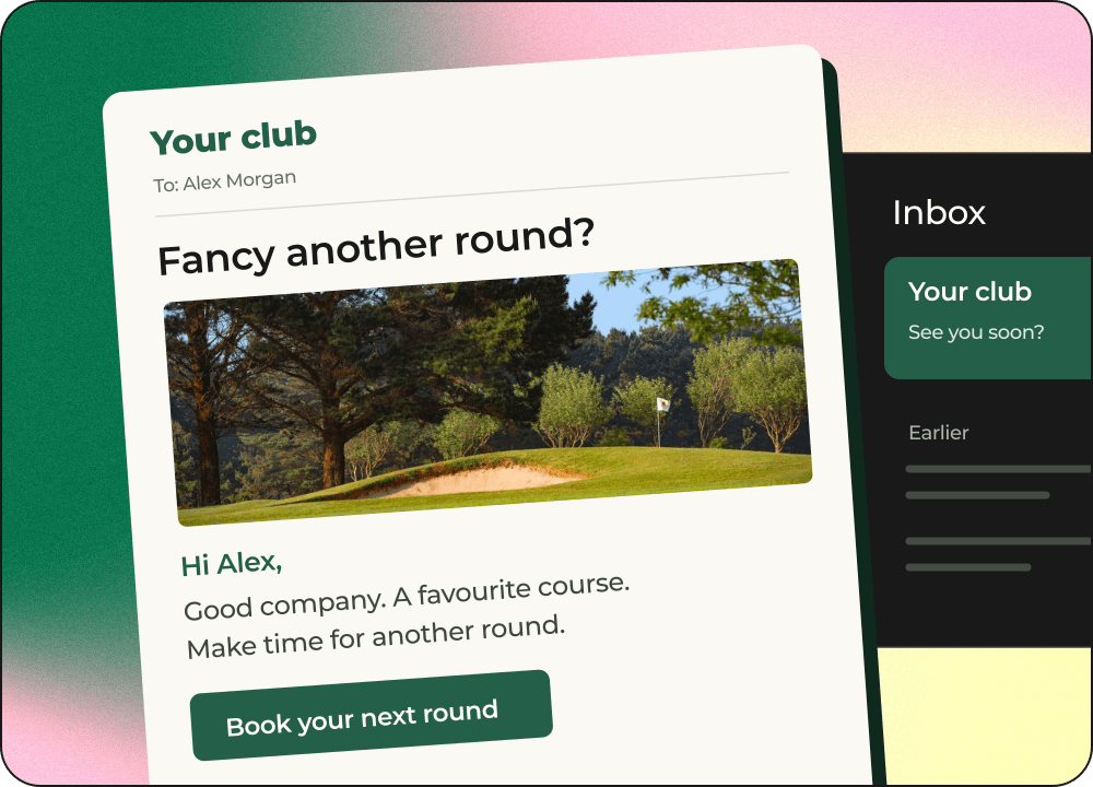 Light email invitation opening out of a dark inbox, with golf course photography and a Book your next round action
