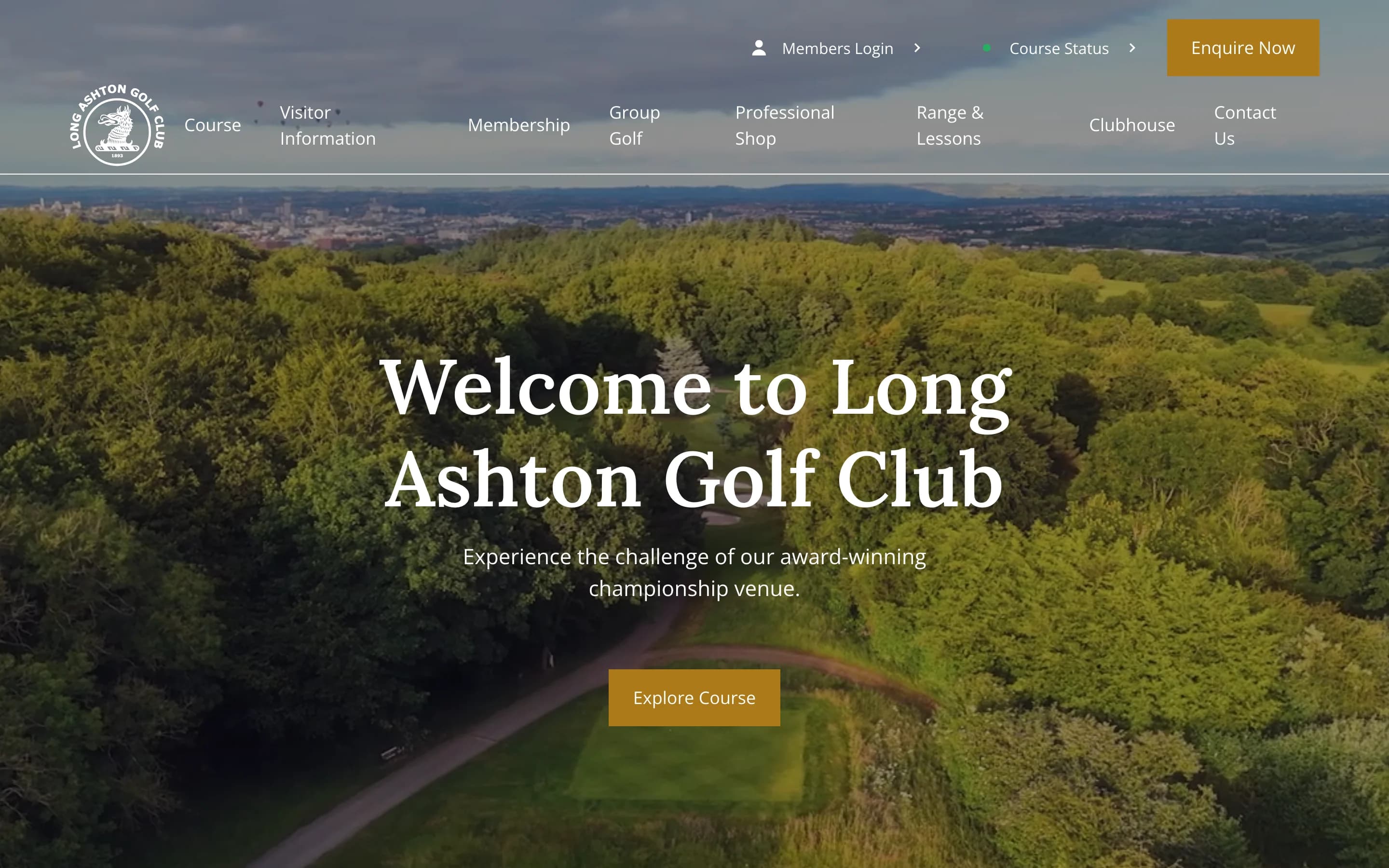 The delivered Long Ashton Golf Club homepage at desktop width, with the full navigation and Explore Course call to action visible.