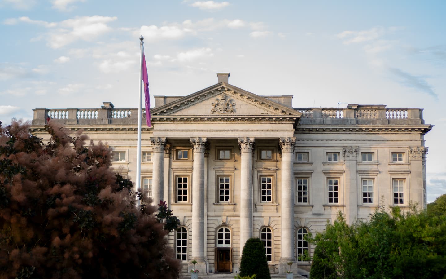 The columned front of the Moor Park mansion clubhouse.