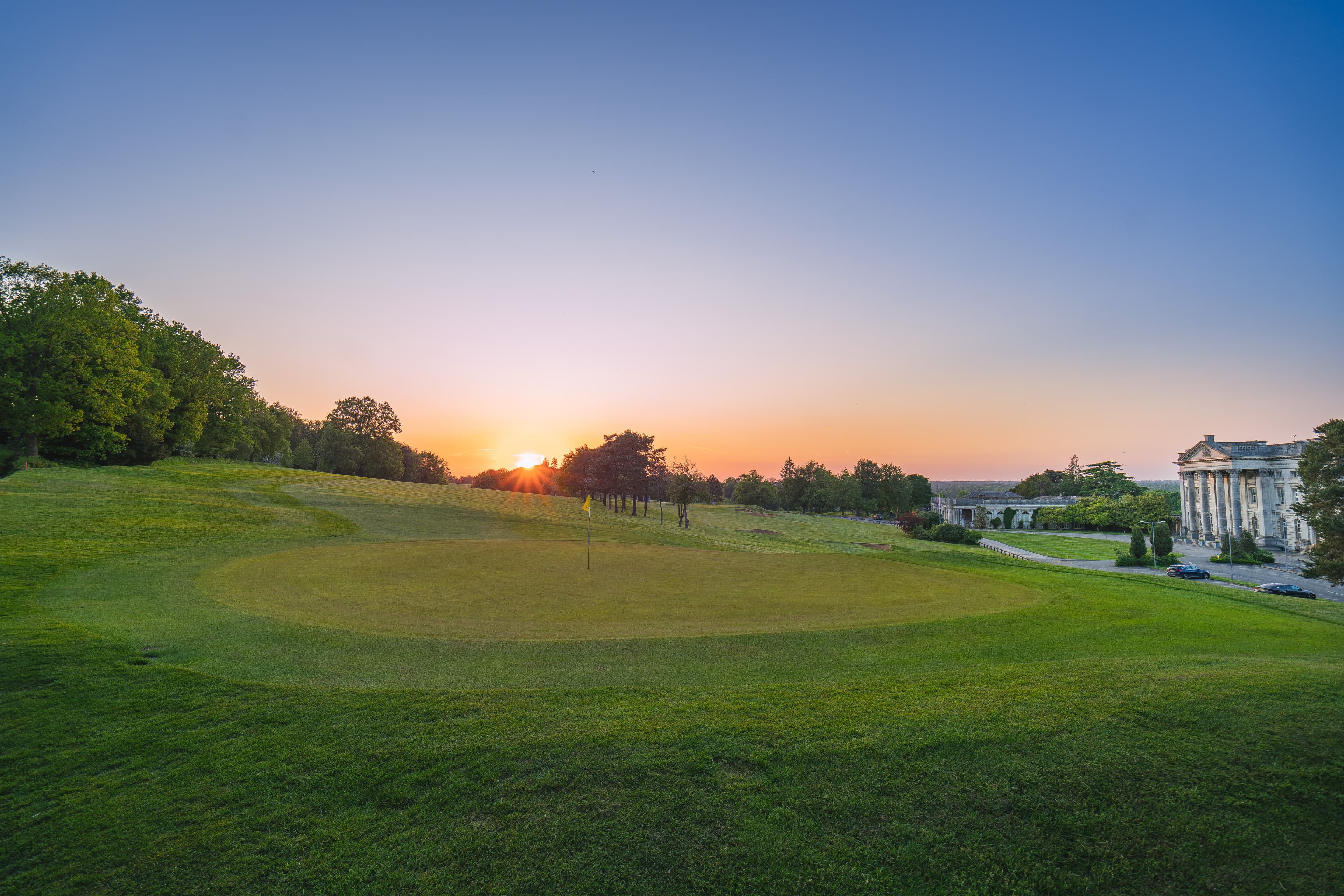 Sunset over the fairway with the Moor Park mansion in the distance.