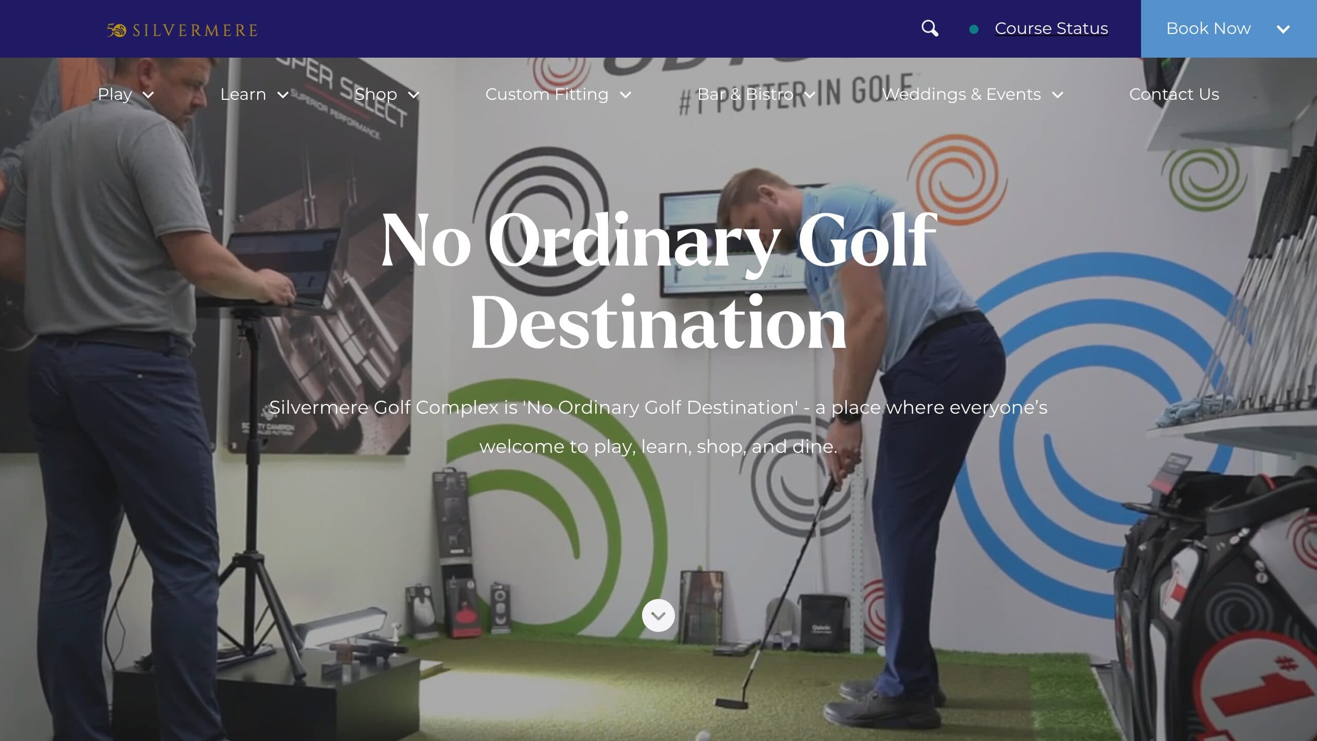 Silvermere's actual website: a clear welcome, main navigation and the No Ordinary Golf Destination headline.