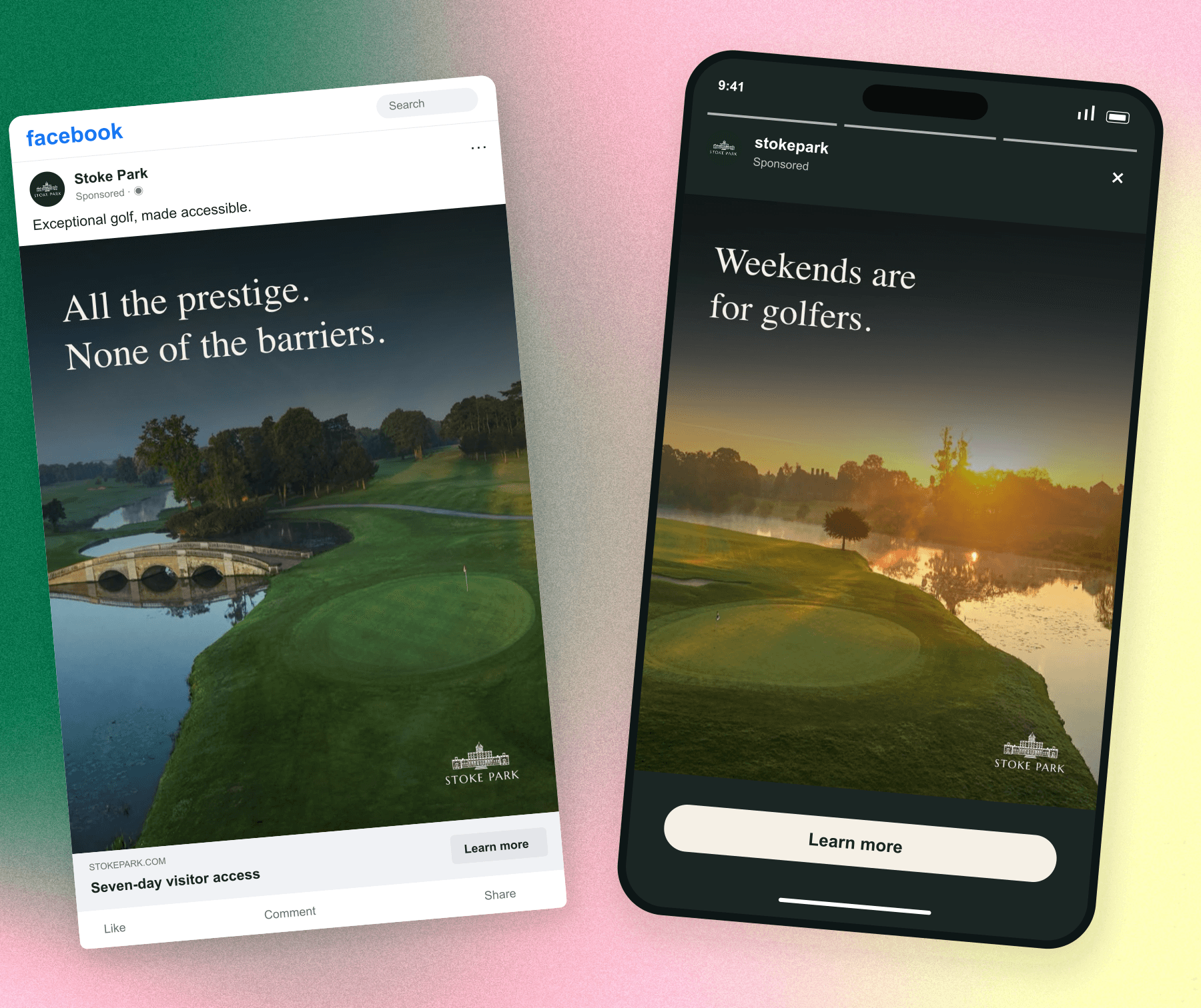 Actual Stoke Park Prestige and Weekends campaigns presented in social and mobile placement frames.