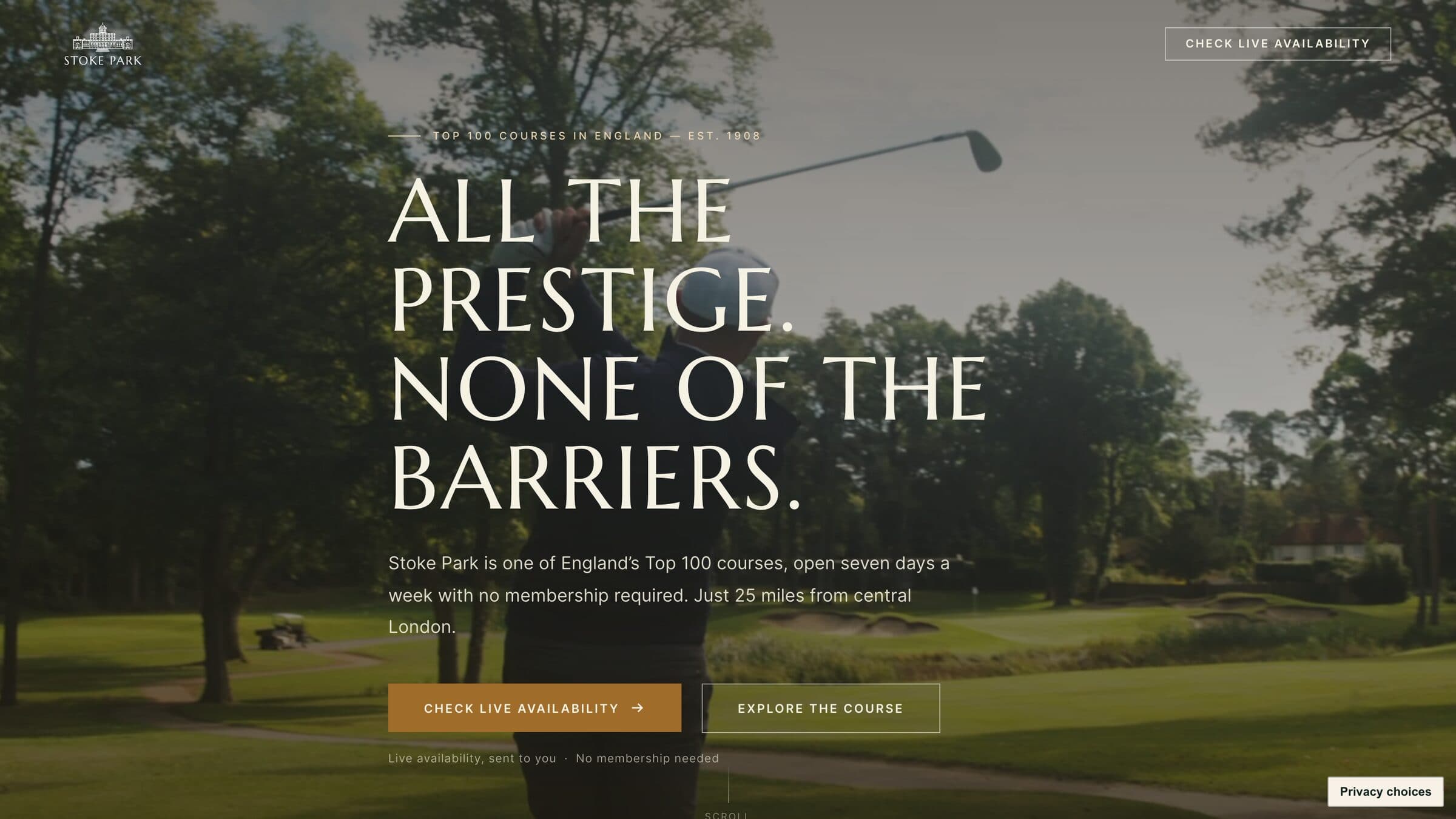Stoke Park Green Fees landing page using the matching Prestige headline and Check live availability action.