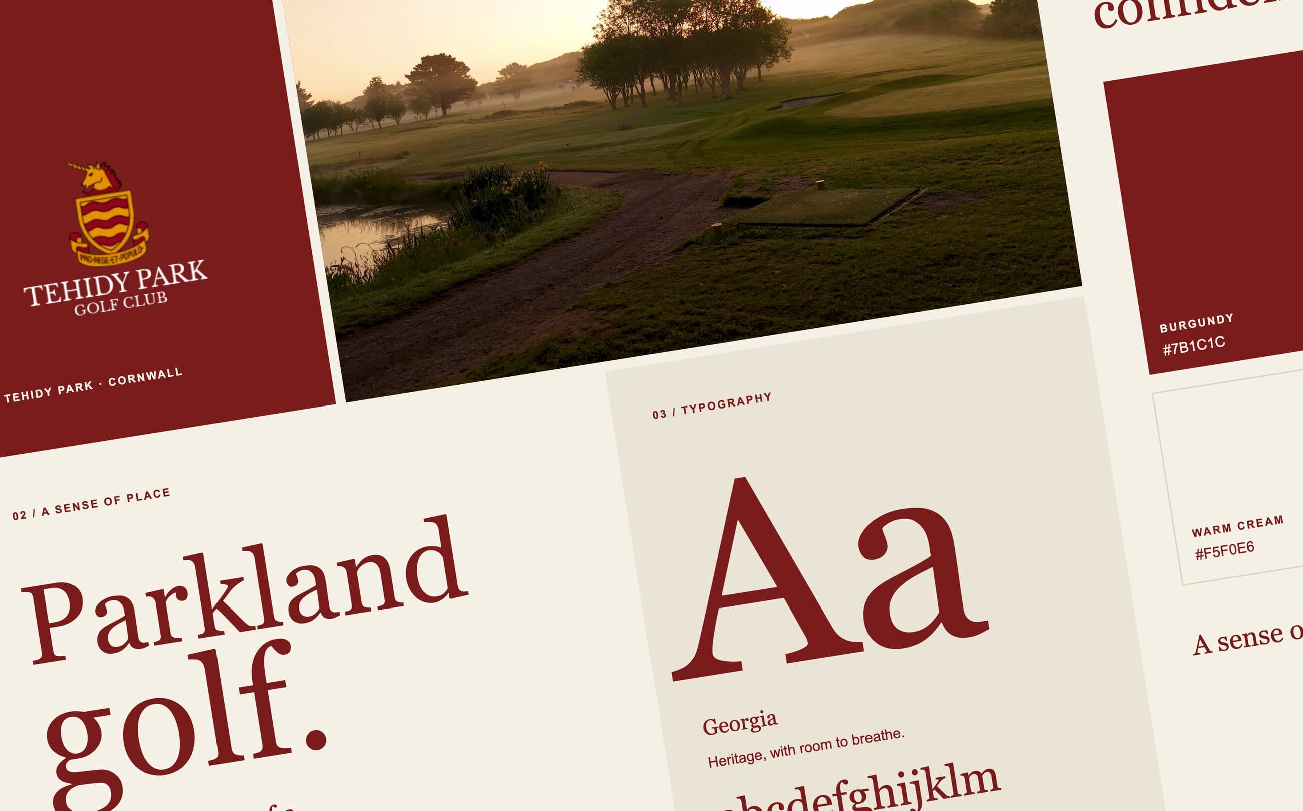 Tehidy Park brand presentation: existing crest, parkland photography, burgundy palette and type specimens.