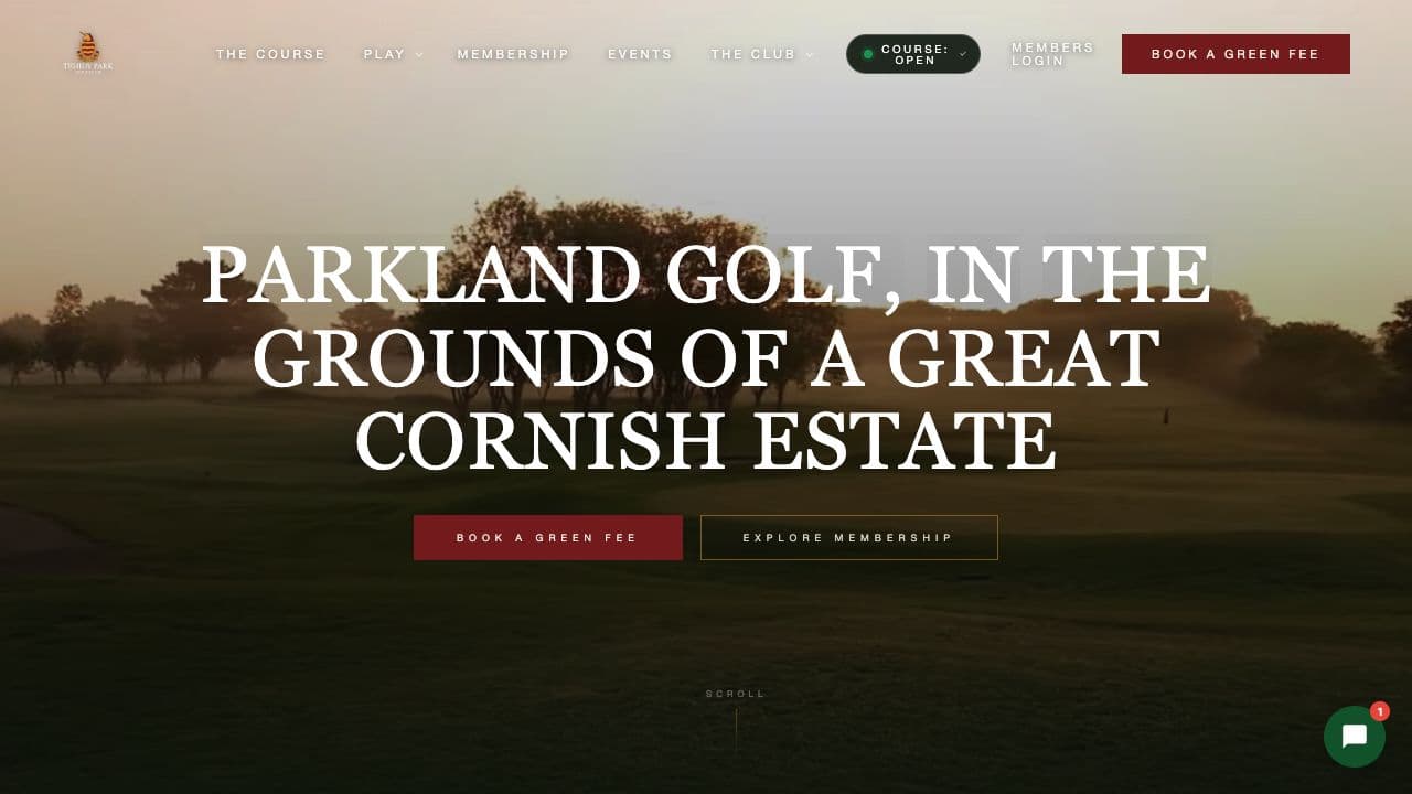 The Tehidy Park homepage with its crest, burgundy booking buttons and parkland photography.