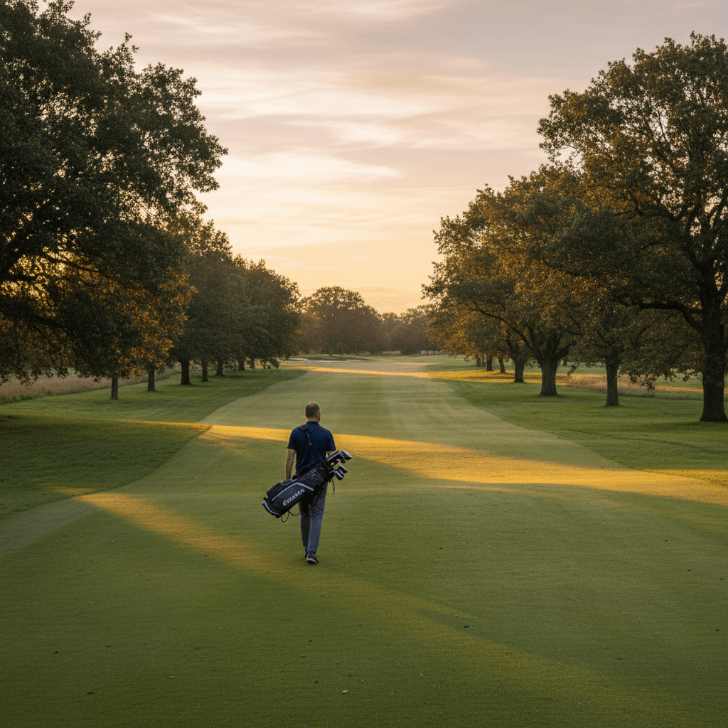 A golfer carrying his bag down a tree-lined fairway in evening light.