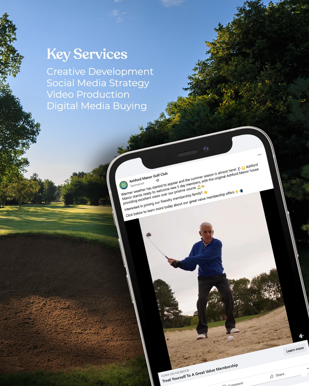 Ashford Manor campaign presentation showing a real member's golf story inside a Facebook membership advert on a phone.