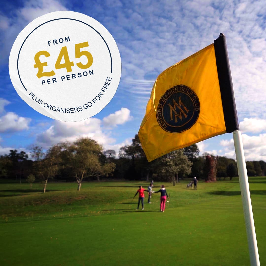Ashford Manor winter society advert with a £45 per person offer beside the club flag.