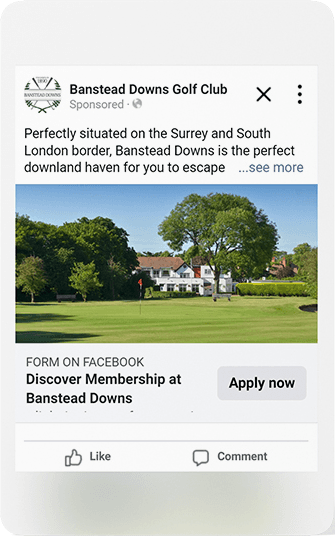 Banstead Downs Facebook membership advert leading with the club's Surrey and South London location and a view towards the clubhouse.