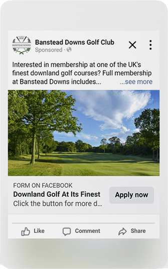 Banstead Downs Facebook advert introducing full membership and showing the tree-lined downland course.