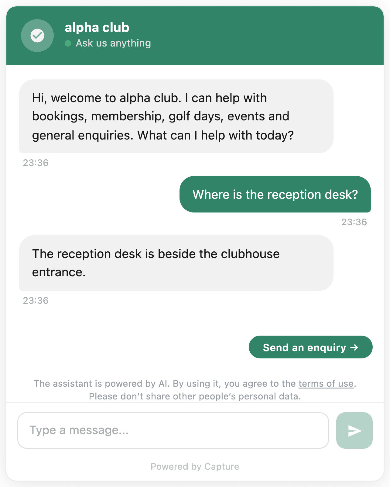 The Capture Concierge widget: a visitor asks where reception is and sees an answer beside the clubhouse entrance, plus a Send an enquiry action.