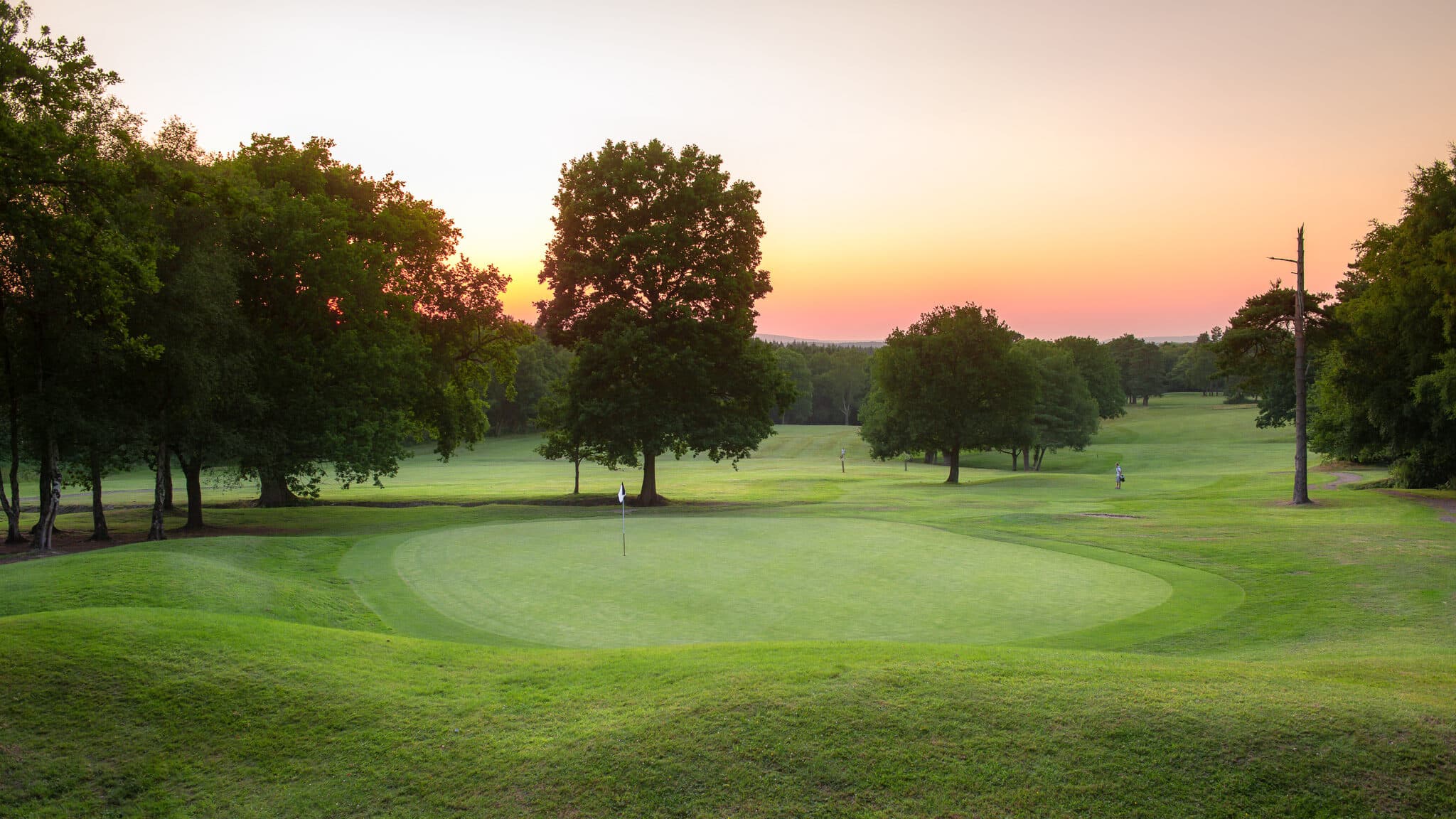 A putting green and tree-lined golf course at Cottesmore in the warm light of sunset.