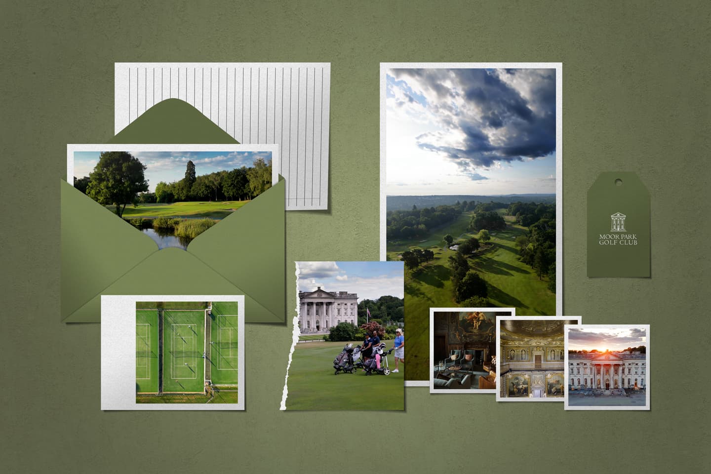 Published Moor Park project collage showing the course, clubhouse, tennis, golfers and an interior dining space.