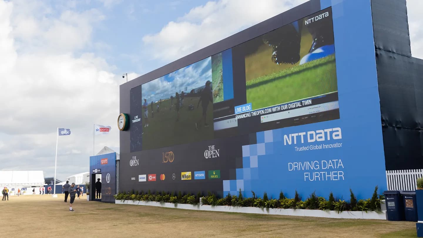 NTT DATA and The Open campaign creative showing tournament technology and golf content.