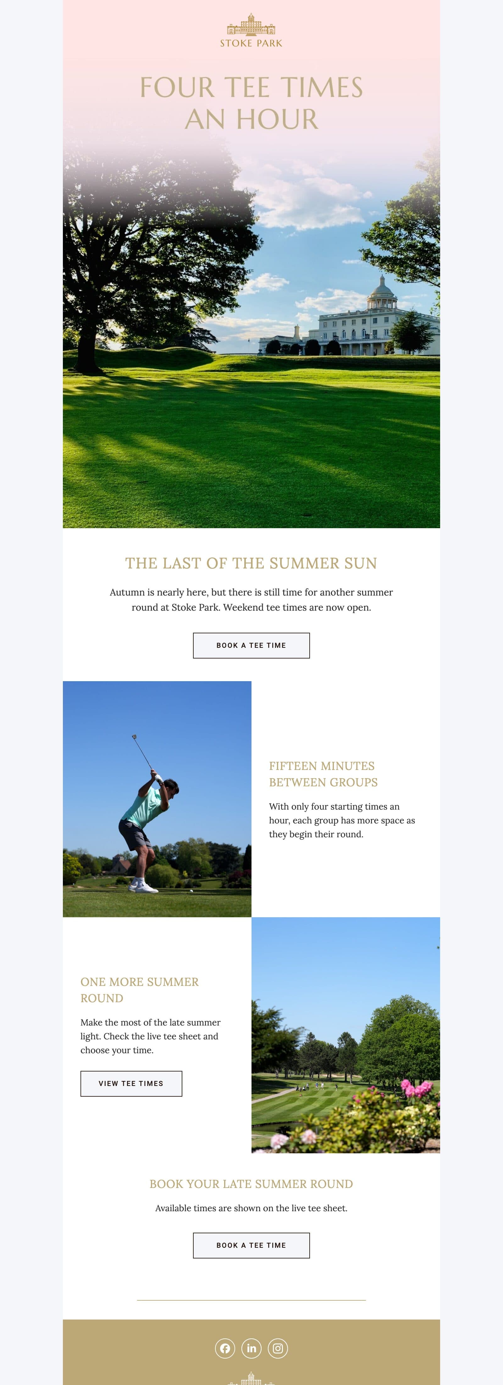 Saved Stoke Park email draft, The Last of the Summer Sun, with club photography and its original design.