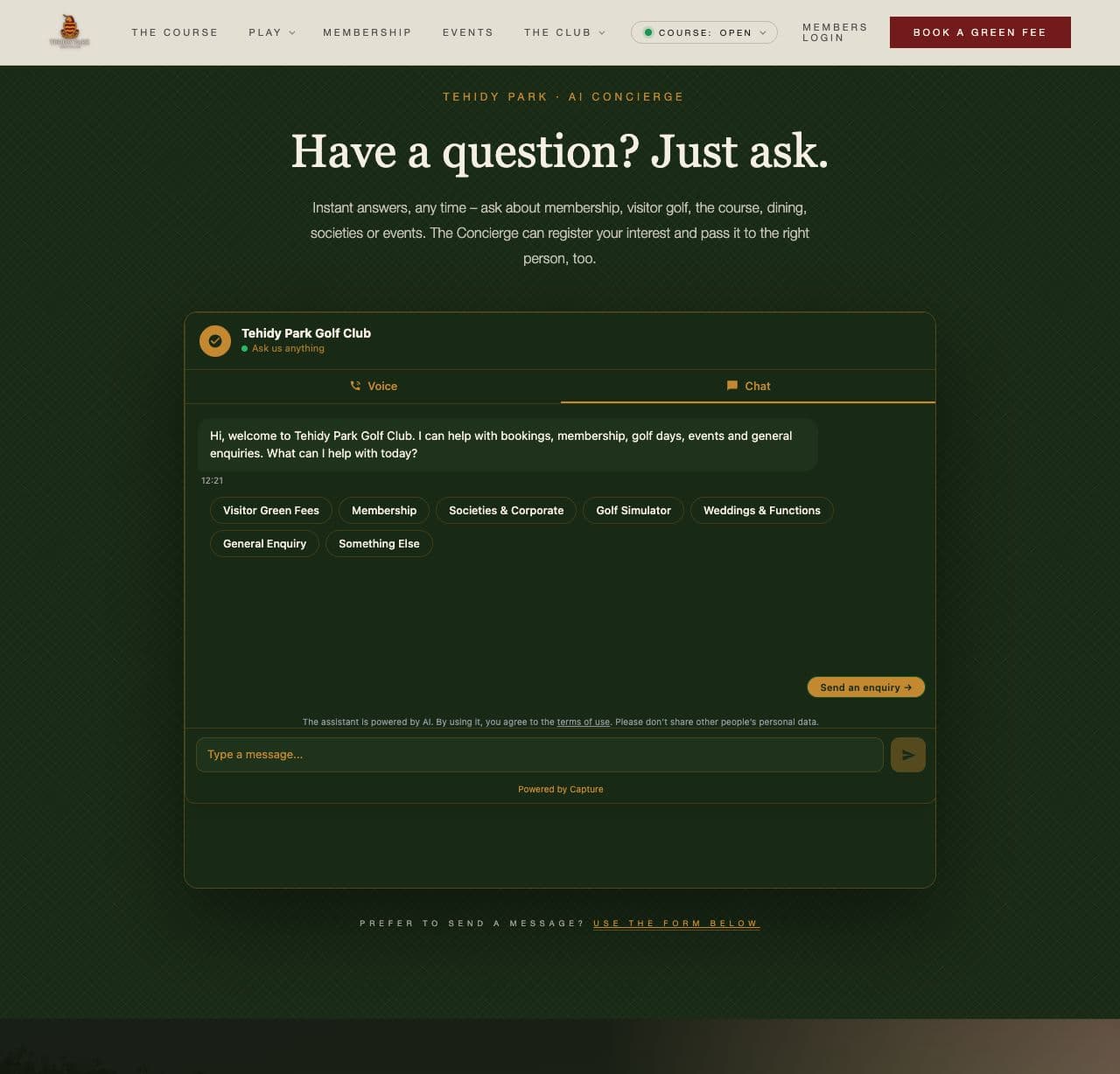 The live Tehidy Park Golf Club website with Capture Concierge open over the visitor information page.