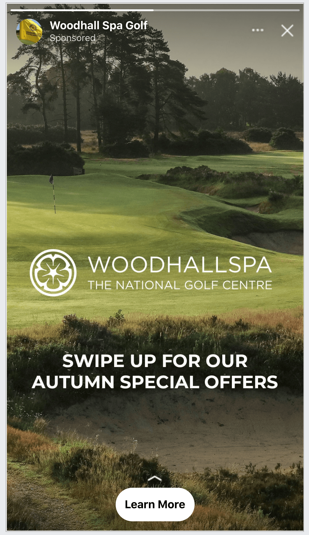 Woodhall Spa Instagram Story advert for autumn special offers, shown in the original Story interface.