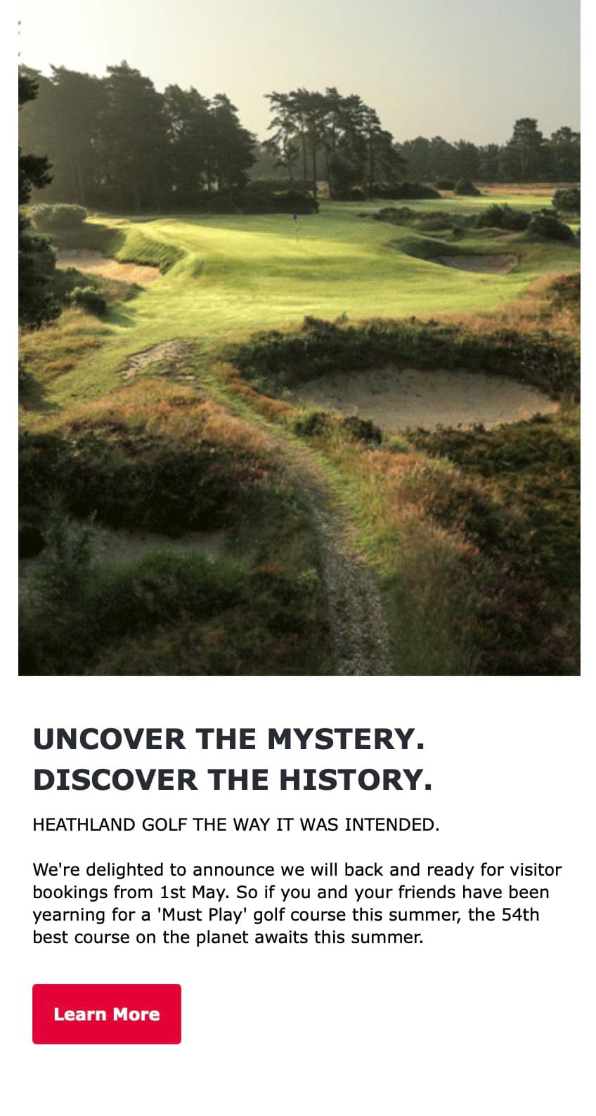 Archived Woodhall Spa campaign email announcing that bookings were reopening, using Hotchkin Course photography and a Learn More action.