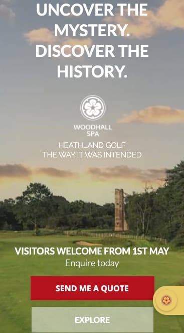 Archived Woodhall Spa visitor landing page inviting golfers to discover the renovated Hotchkin Course and request a quote.