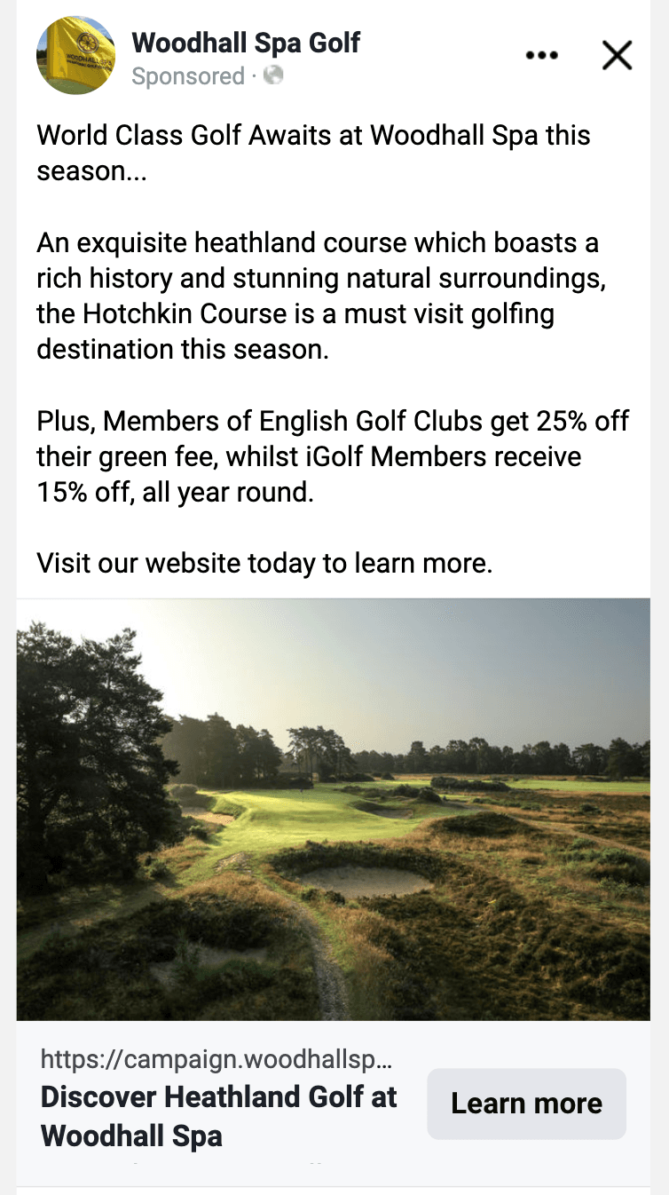 Woodhall Spa Facebook advert presenting the Hotchkin Course as a heathland golf destination.