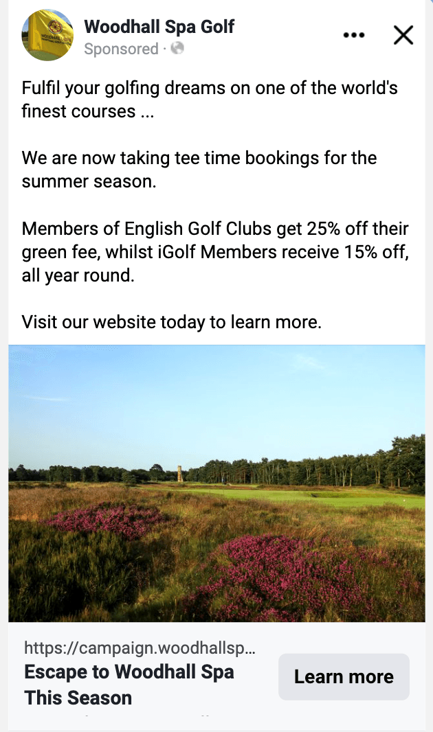Woodhall Spa Facebook advert promoting summer tee times and green-fee offers.