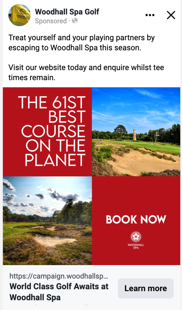 Woodhall Spa Facebook advert pairing the Hotchkin Course's world ranking with course photography and a booking action.