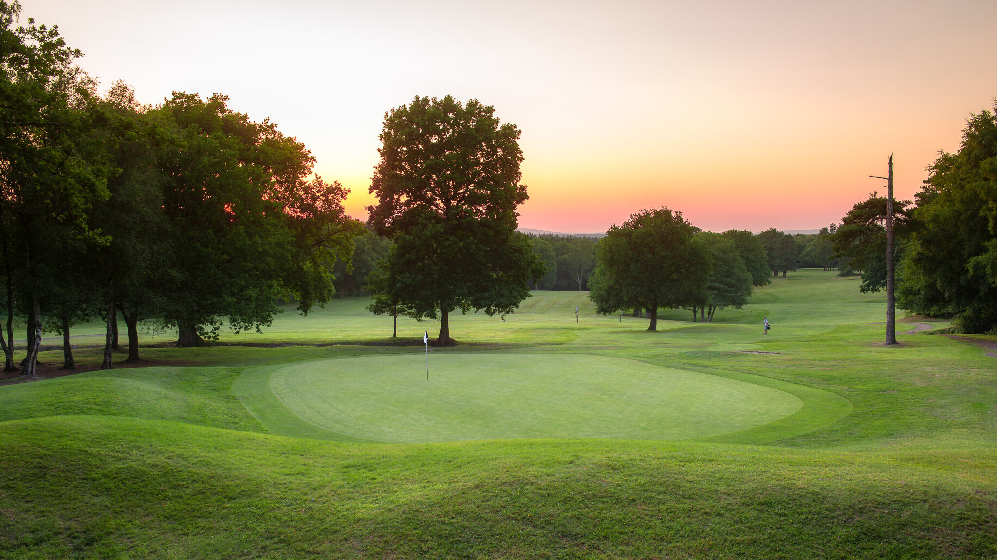 A putting green and tree-lined golf course at Cottesmore in the warm light of sunset.