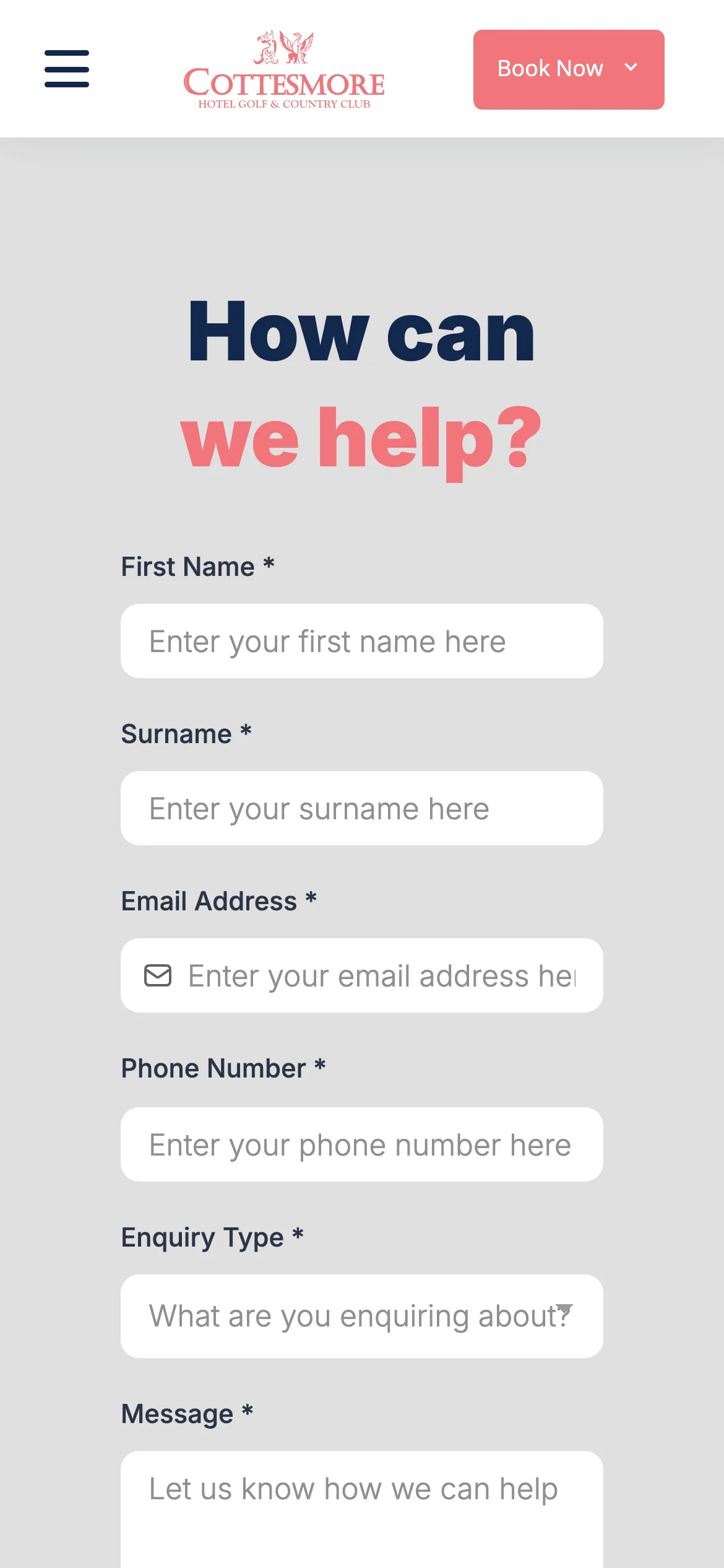 Cottesmore's current mobile contact form with enquiry type and contact details fields.