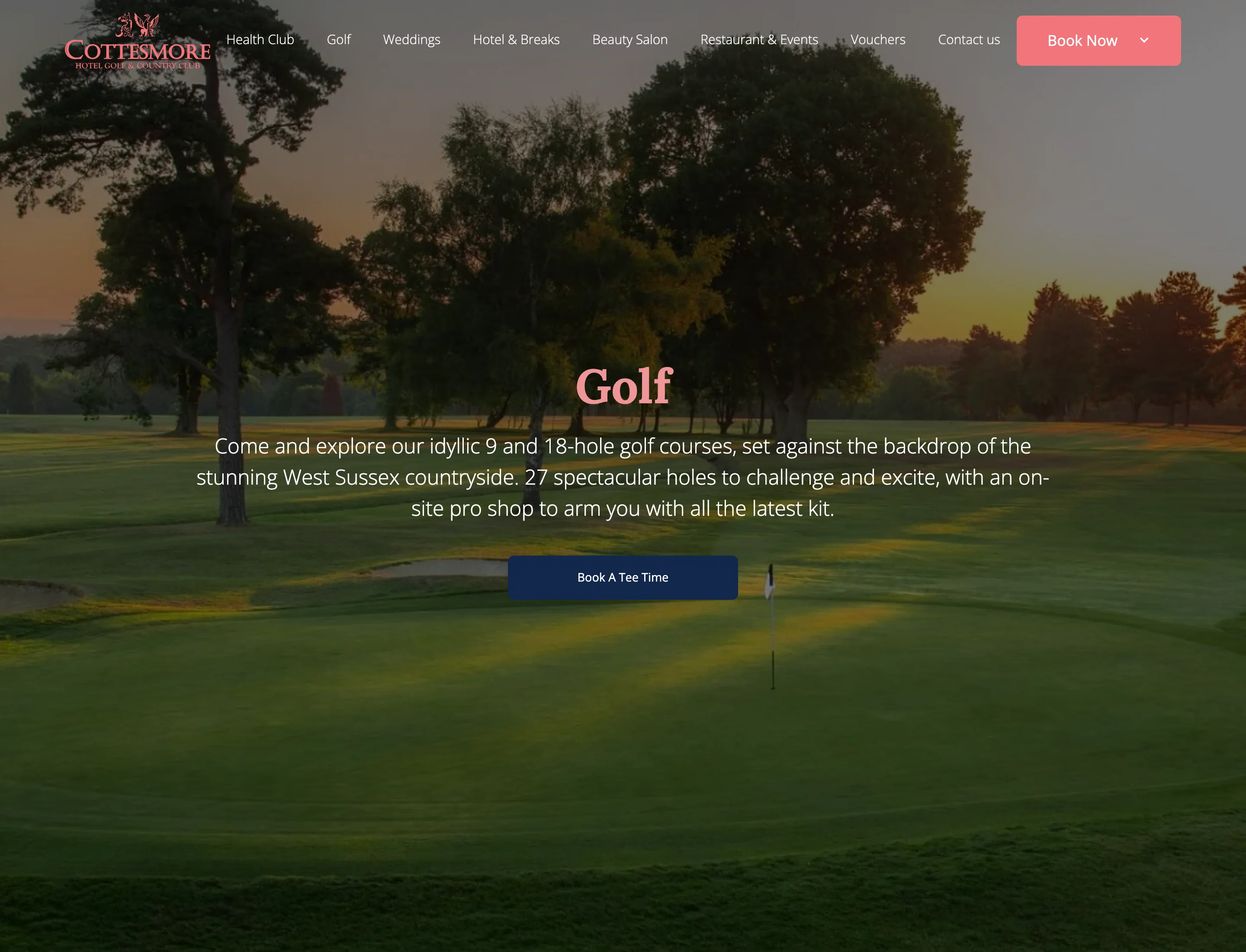 Cottesmore's current Golf page with course introduction and a prominent Book A Tee Time action.