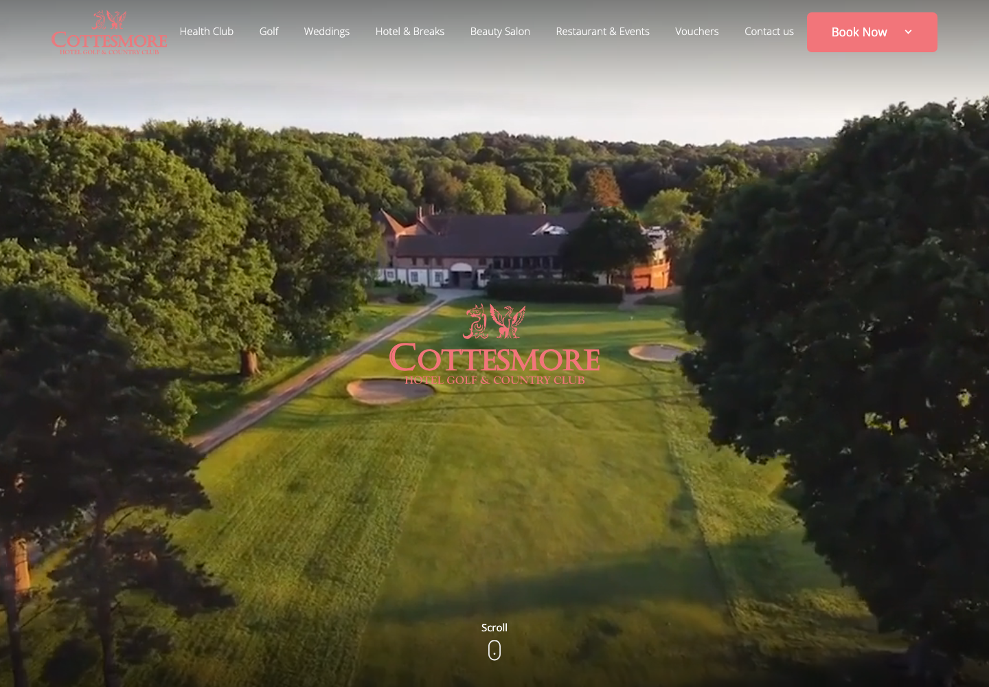 Cottesmore's current homepage with service navigation above an aerial view of the clubhouse and golf course.