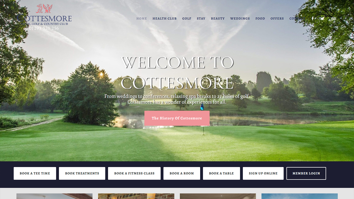 Cottesmore's archived previous homepage, with a wide navigation bar and a row of booking links.