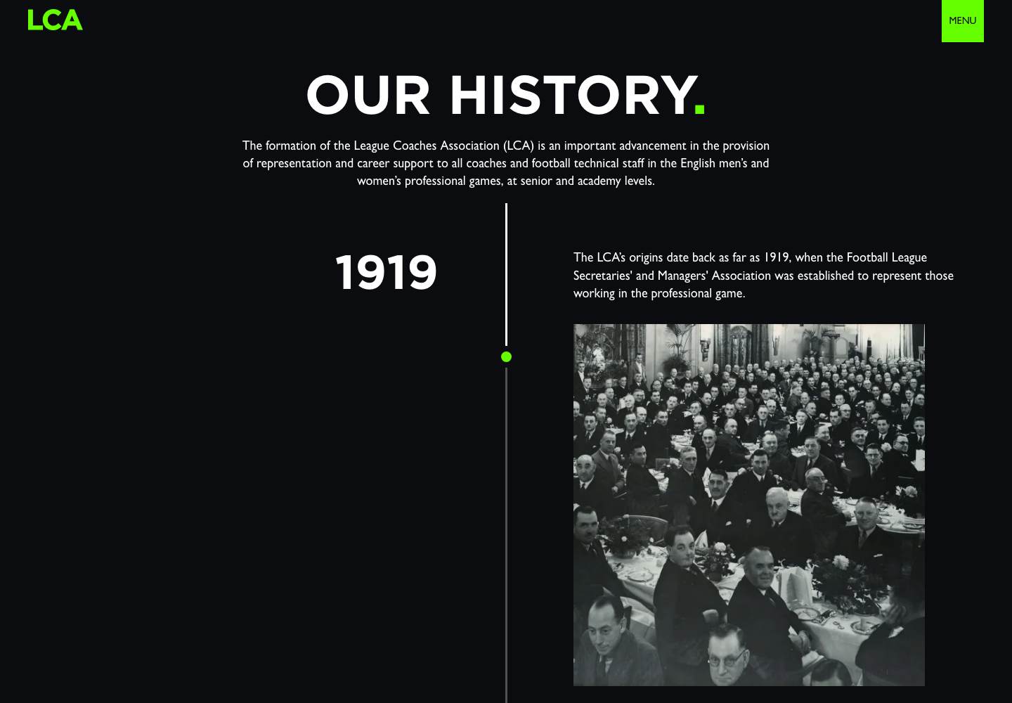 Current League Coaches Association About page and history timeline.