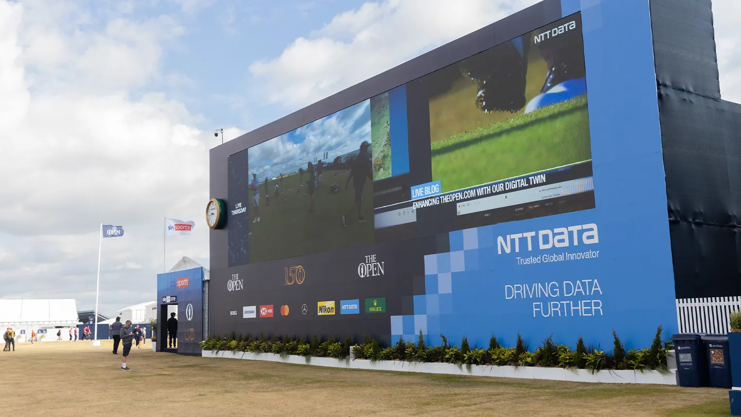 NTT DATA and The Open campaign creative showing tournament technology and golf content.