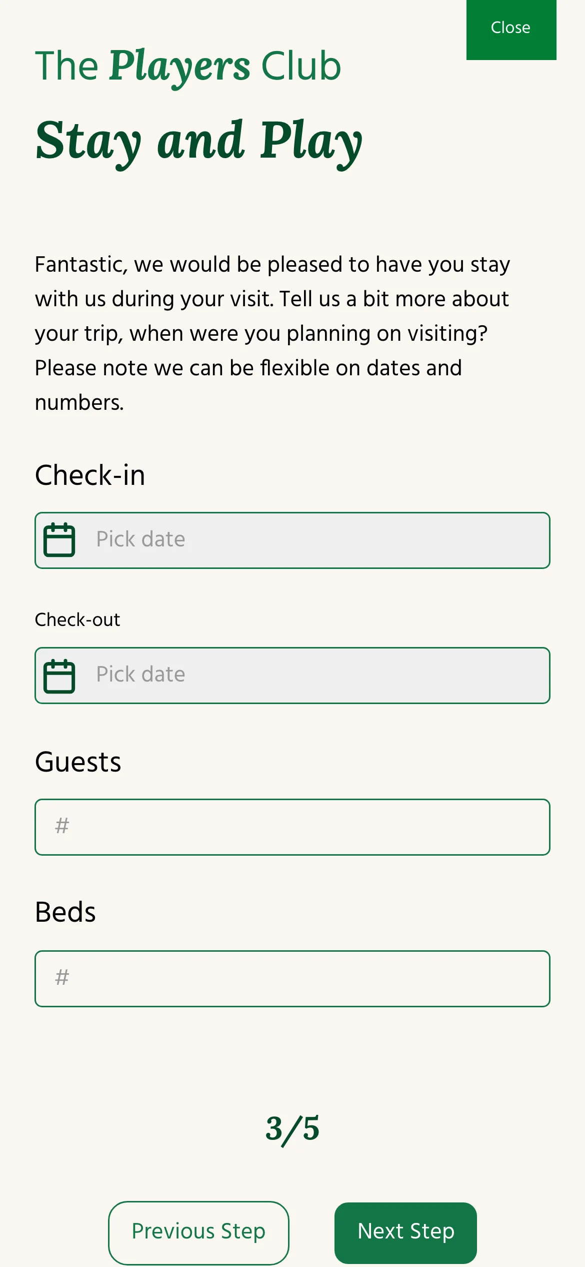 Current mobile Stay and Play enquiry form asking for check-in, check-out, guest and bed details.