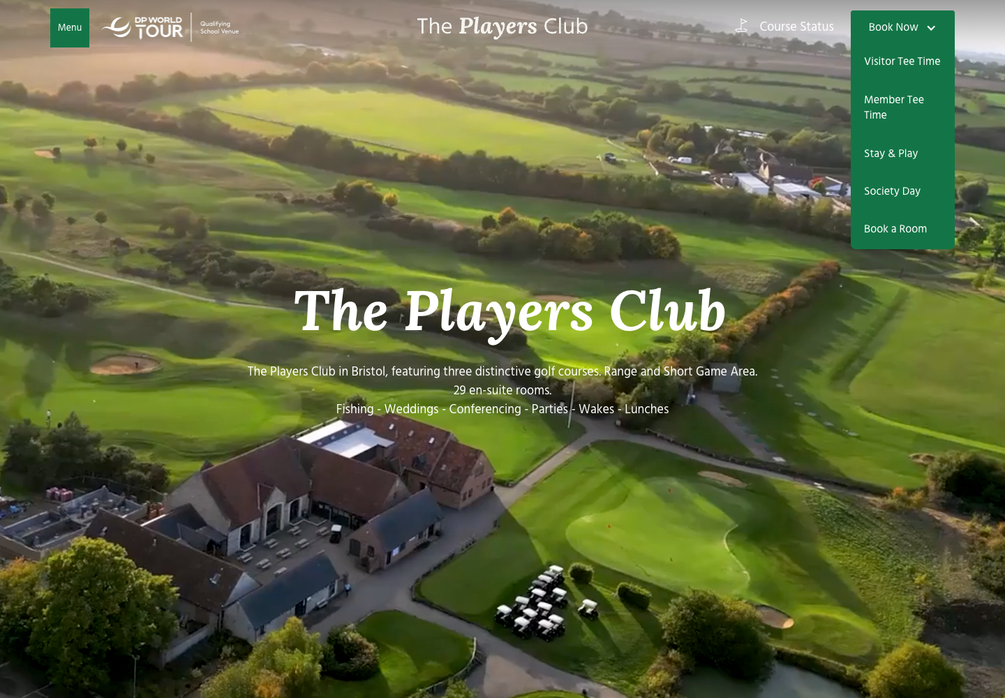 Current Players Golf Club homepage with the Book Now navigation open.