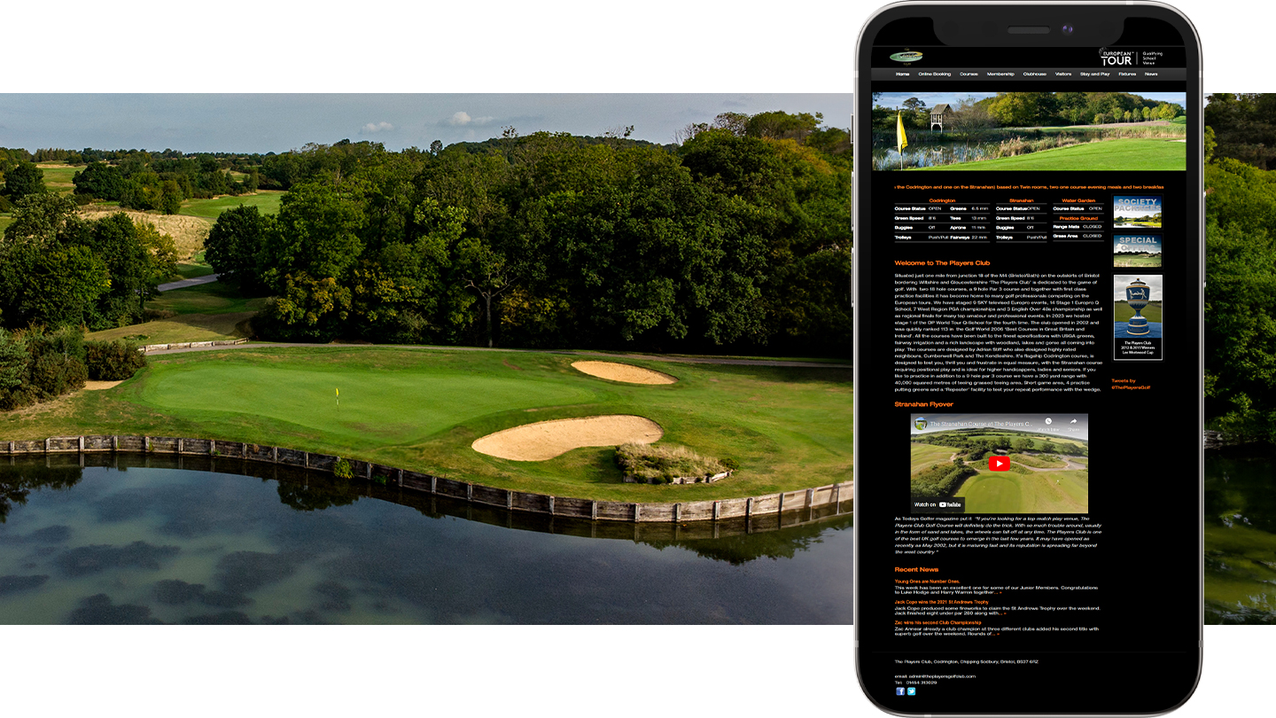 Historical Players Golf Club website shown in a staged phone presentation.