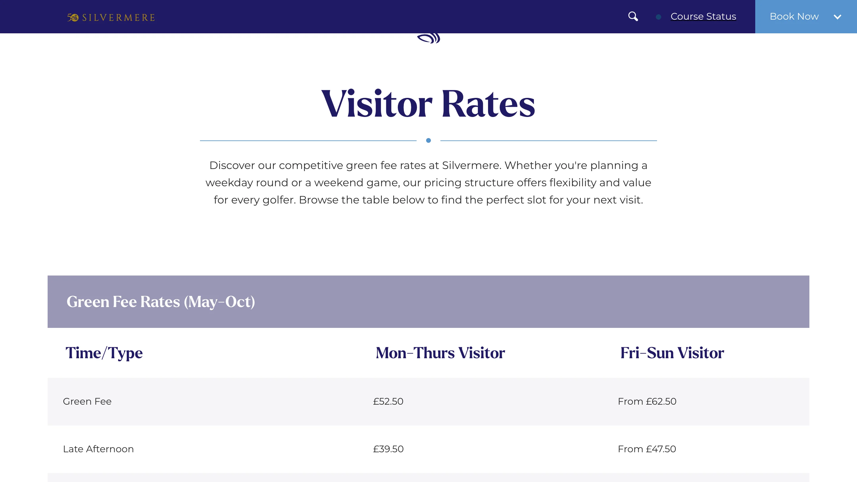 Silvermere's live visitor-rates table, with weekday, weekend and late-afternoon green fees.