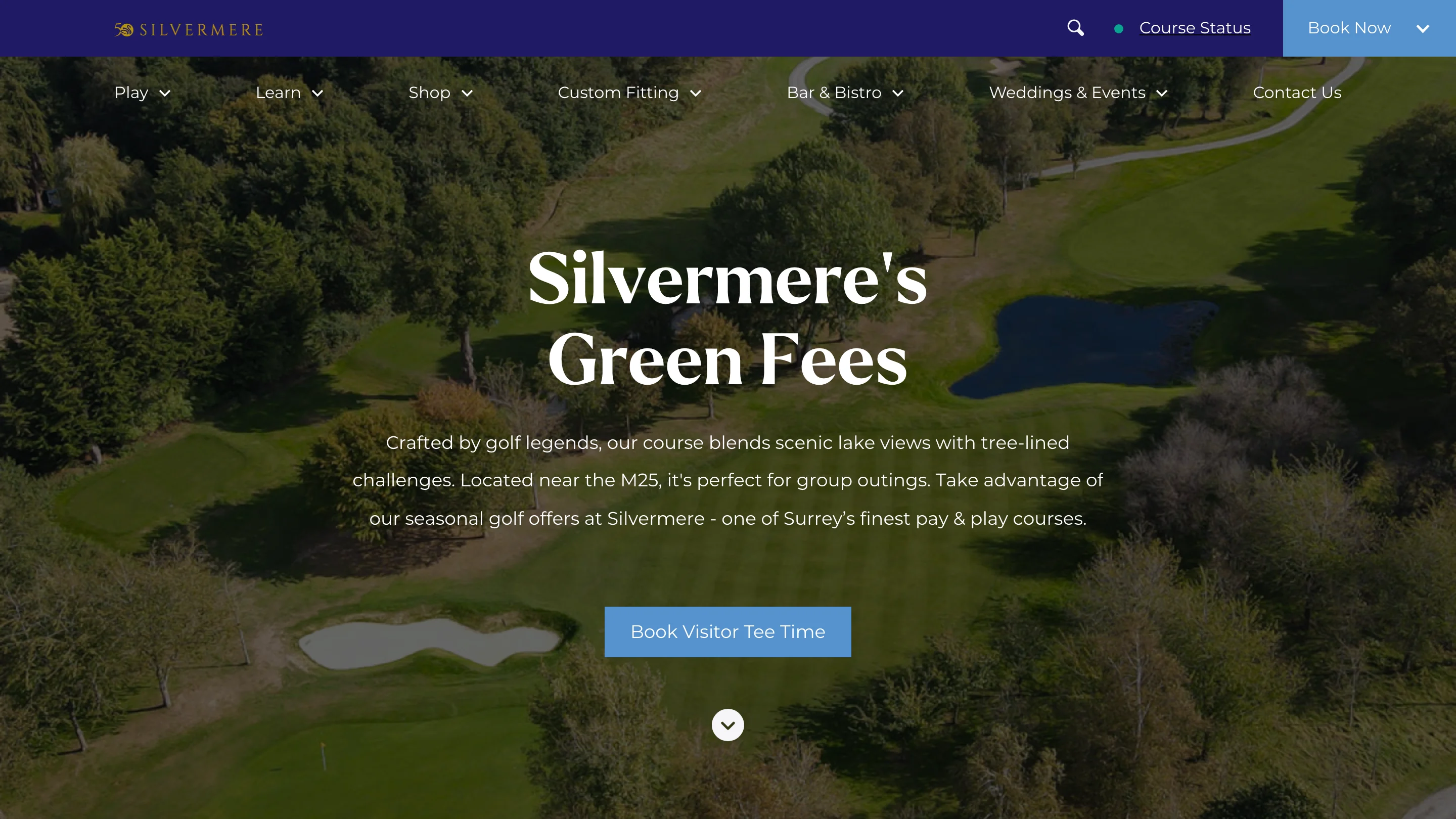 Silvermere's live Green Fees page with course photography, site navigation and a Book Visitor Tee Time action.
